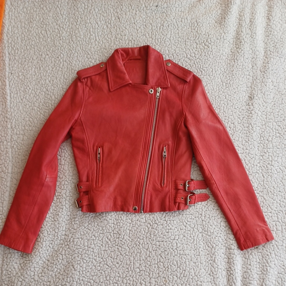 Belle Vere Moto Motorcycle Biker Red Leather Jacket Size XS